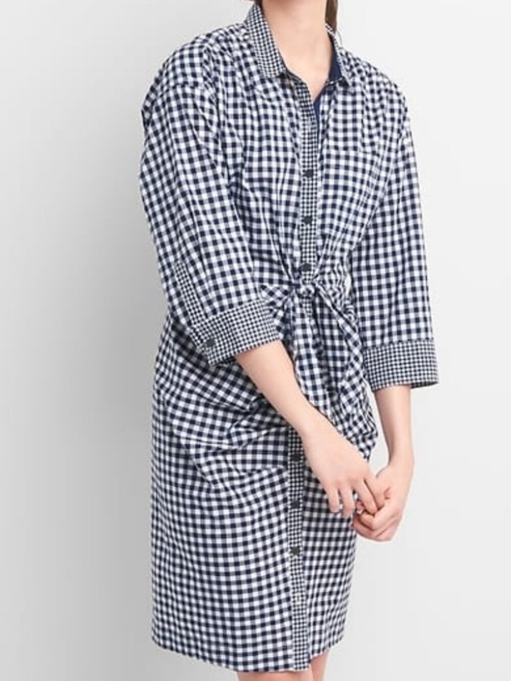 Gap x Sarah Jessica Parker Gingham Shirtdress | Front Tie Waist | Ruched Skirt